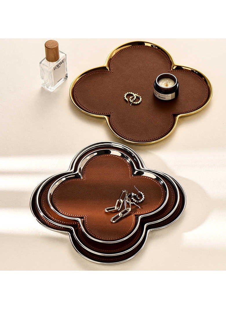 JiFENG Ceramic Leather Jewelry Dish Desktop Storage Organizer Decorative Tray for Entryway Table to Hold Jewelry Watch Cosmetics Keys Phone Wallet, Home & Office Accessories (Gold,25 x 21 CM)  - Image 2