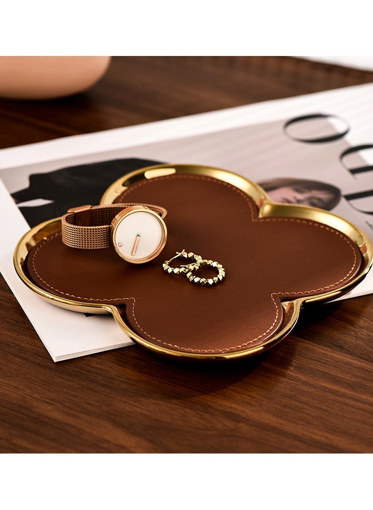 JiFENG Ceramic Leather Jewelry Dish Desktop Storage Organizer Decorative Tray for Entryway Table to Hold Jewelry Watch Cosmetics Keys Phone Wallet, Home & Office Accessories (Gold,25 x 21 CM)  - Image 5