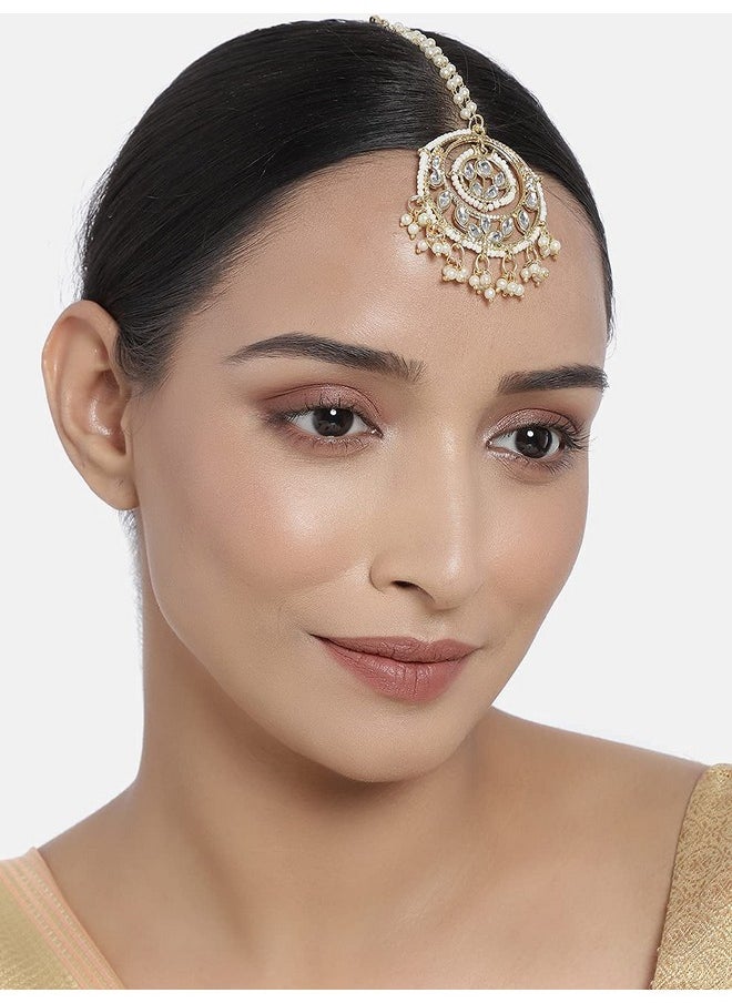 I Jewels I Jewels Traditional Gold Plated Kundan & Pearl Studded Maang Tikka for Women (T1084W)  - Image 2