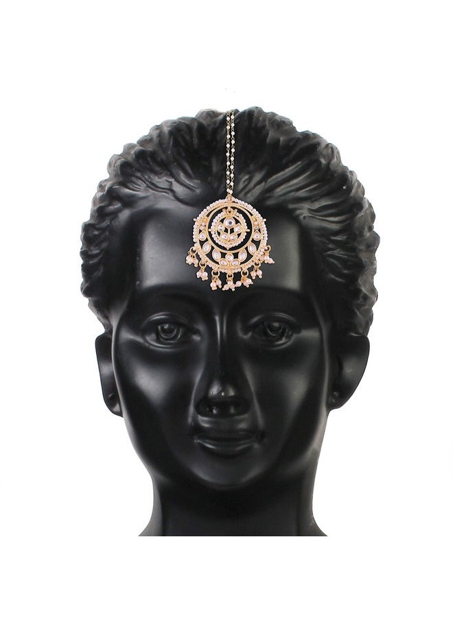 I Jewels I Jewels Traditional Gold Plated Kundan & Pearl Studded Maang Tikka for Women (T1084W)  - Image 3