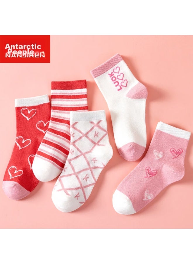 Nanjiren Children's Socks, Girls' Socks, Cotton Mid-calf Socks, For Older Children, All-season Socks, 5 Pairs, Small Heart Pattern, Xxl - Image 4