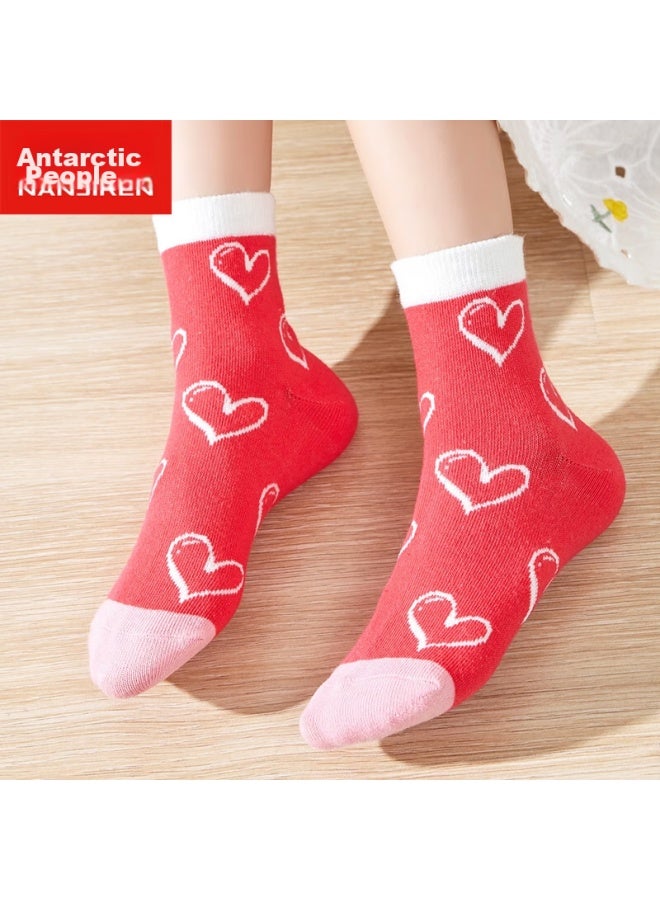 Nanjiren Children's Socks, Girls' Socks, Cotton Mid-calf Socks, For Older Children, All-season Socks, 5 Pairs, Small Heart Pattern, Xxl - Image 3