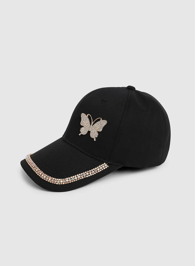 Haute Sauce Rhinestone Butterfly Baseball Cap - Black