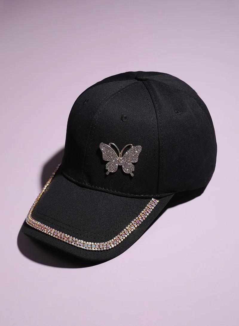 Haute Sauce Rhinestone Butterfly Baseball Cap - Black