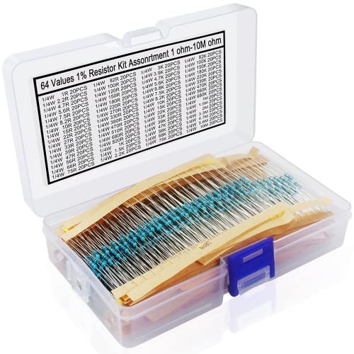 Aniann 1280 Pieces 64 Values Resistor Kit, 1% Assorted Resistors 1 Ohm-10M Ohm 1/4W Metal Film Resistors Assortment for DIY Projects and Experiments - Image 1