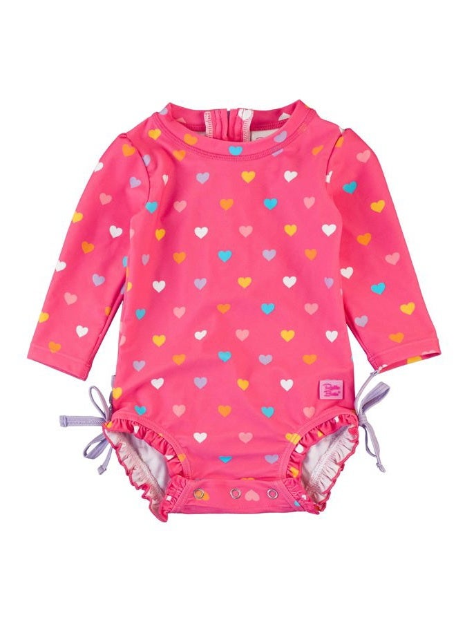 RuffleButts Baby Girls UPF 50+ Sun Protection Polka Dot Long Sleeve One Piece Rash Guard Swimsuit with Zipper, Colorful Hearts, 6-12 Months - Image 1