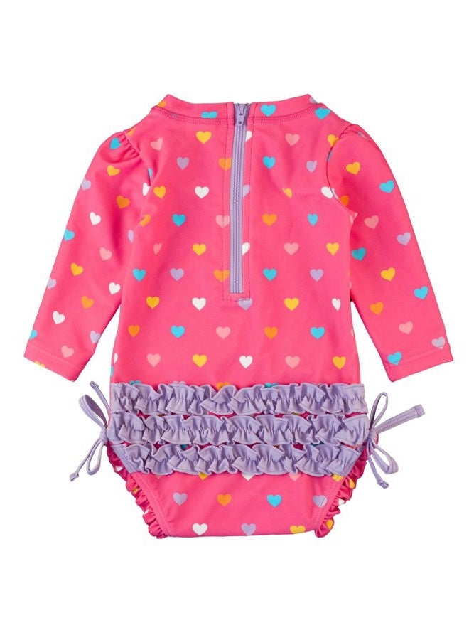 RuffleButts Baby Girls UPF 50+ Sun Protection Polka Dot Long Sleeve One Piece Rash Guard Swimsuit with Zipper, Colorful Hearts, 6-12 Months - Image 2