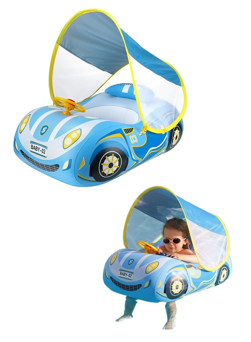 TAPIT Baby Pool Float with Canopy, 3D Car Thick PVC Inflatable Baby Pool Float Seat Boat with Sunshade and Steering Wheel, Baby Swimming Float for 1-4 Years Old Boys and Girls (Blue) - Image 1