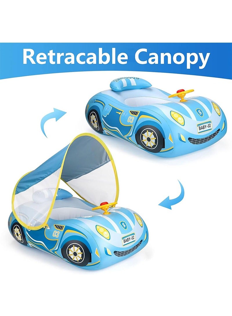 TAPIT Baby Pool Float with Canopy, 3D Car Thick PVC Inflatable Baby Pool Float Seat Boat with Sunshade and Steering Wheel, Baby Swimming Float for 1-4 Years Old Boys and Girls (Blue) - Image 3
