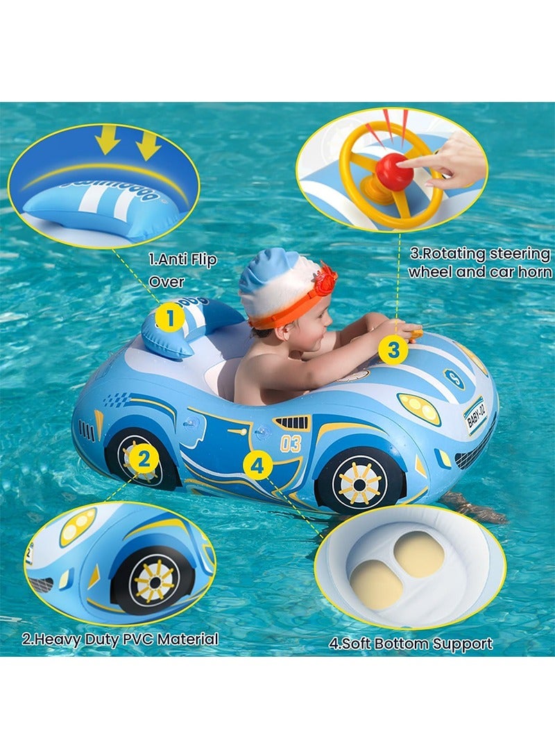 TAPIT Baby Pool Float with Canopy, 3D Car Thick PVC Inflatable Baby Pool Float Seat Boat with Sunshade and Steering Wheel, Baby Swimming Float for 1-4 Years Old Boys and Girls (Blue) - Image 5