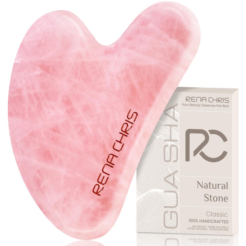 Rena Chris Gua Sha Facial Tools Natural Rose Quartz Guasha Tool for Face Acupuncture Therapy Facial Massager for Jawline Sculpting and Puffiness Reducing Pink