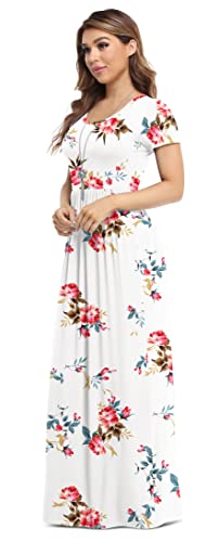 VIISHOW Women's Short Sleeve Floral Dress Loose Plain Maxi Dresses Casual Long Dresses with Pockets(Floral White Small) - Image 2