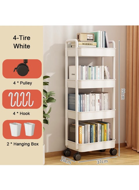 4-Tier Rolling Cart Storage Rack with Wheels, Easy Assemble Mobile Storage Trolley On Wheels, Multipurpose Organizer Trolley with Casters for Bedroom, Bathroom, Office, Laundry Room (White)