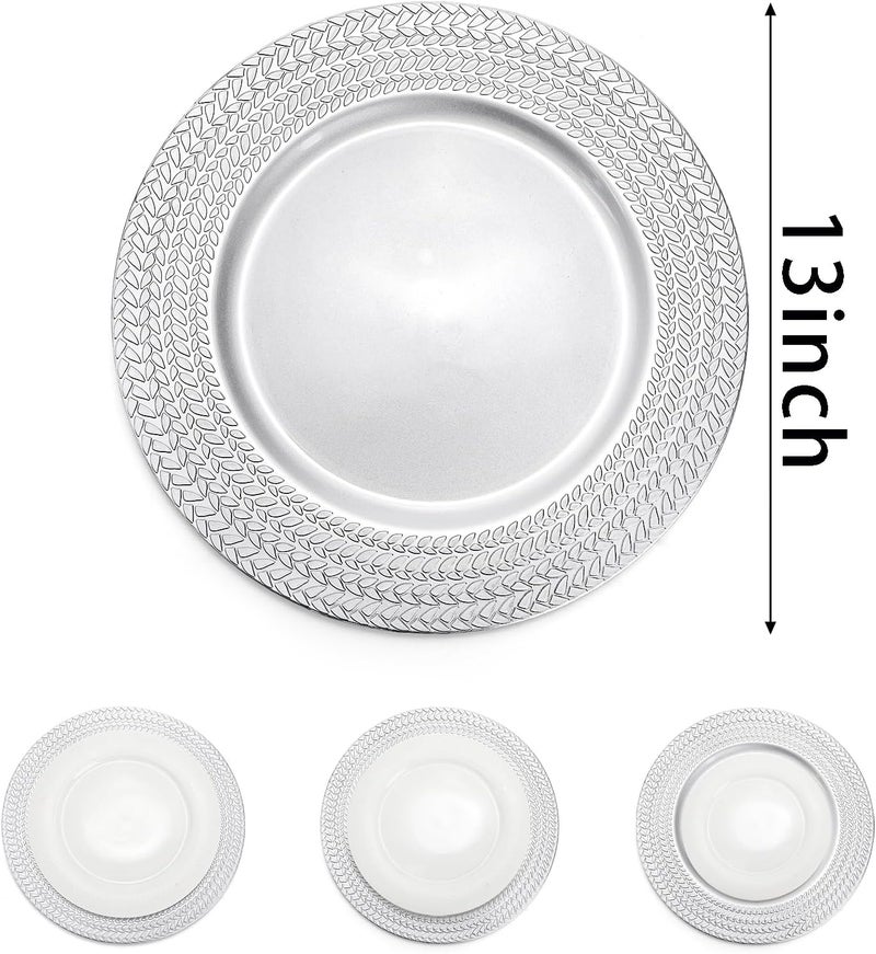 SOUJOY 12 Pack Silver Charger Plates 13 Inch Plastic Dinner Plate Leaf Trim Antique Charger Plate for Weddings Parties Anniversary Thanksgiving Christmas - Image 2