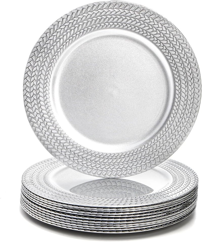 SOUJOY 12 Pack Silver Charger Plates 13 Inch Plastic Dinner Plate Leaf Trim Antique Charger Plate for Weddings Parties Anniversary Thanksgiving Christmas - Image 1