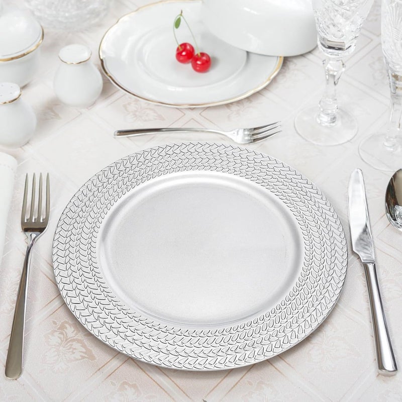 SOUJOY 12 Pack Silver Charger Plates 13 Inch Plastic Dinner Plate Leaf Trim Antique Charger Plate for Weddings Parties Anniversary Thanksgiving Christmas - Image 5