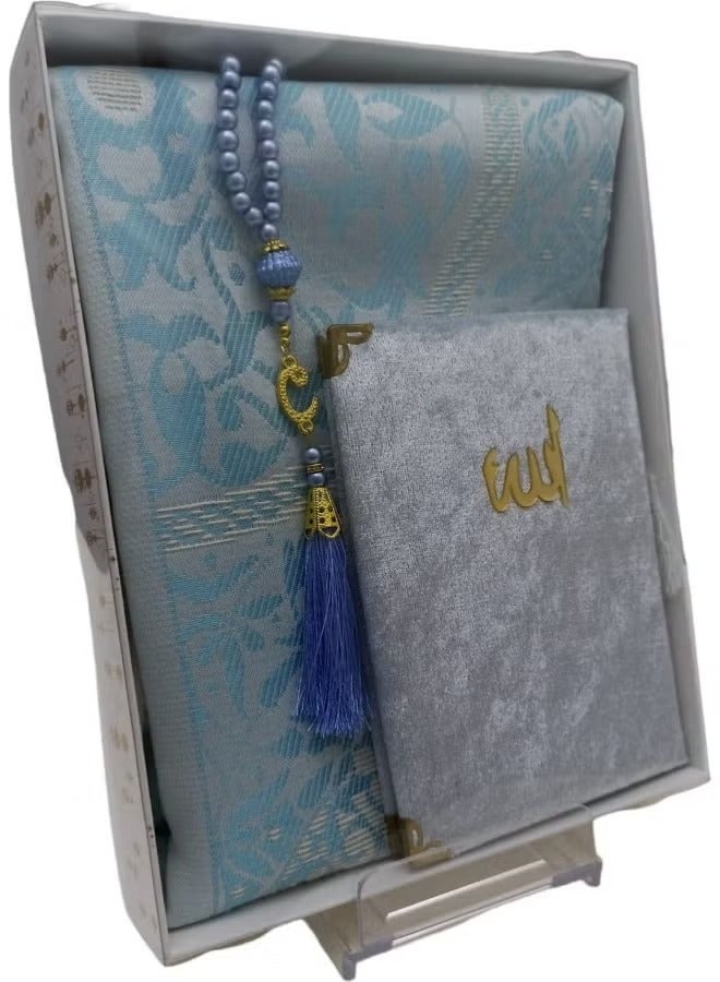 دريمزون مجموعة سجادة صلاة زرقاء مع صندوق هدايا من دووري، سجادة صلاة فاخرة من التفتا مع تسبيح من اللؤلؤ، مغطاة بالمخمل، ياسين - Image 3