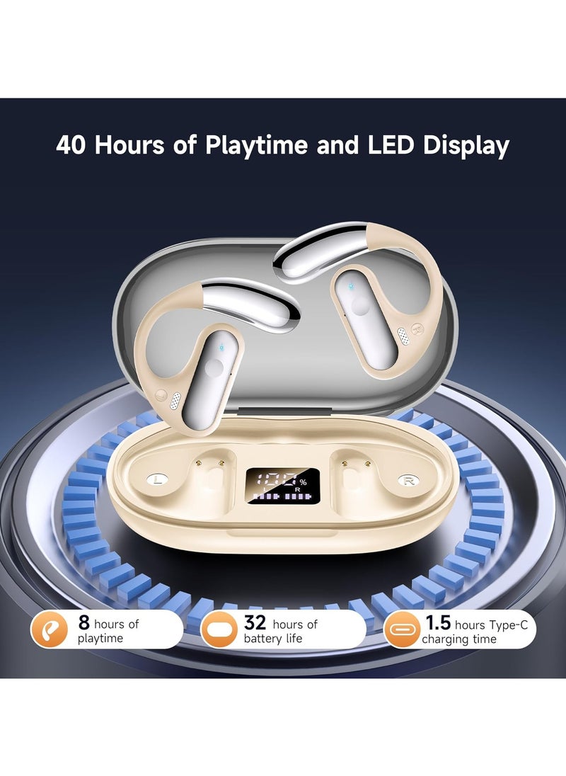 lekikpo - Open Ear Bluetooth 5.4 Earbuds, 2024 Wireless Headphones Sport Over Earphones Built-in Mic with Ear Hooks 50H Playtime Ear Buds LED Display Charging Case, Waterproof Design for Running Fitness, Khaki - Image 1