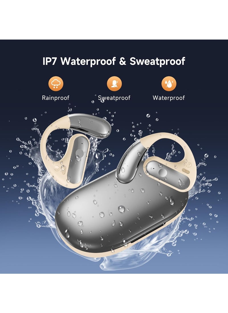 lekikpo - Open Ear Bluetooth 5.4 Earbuds, 2024 Wireless Headphones Sport Over Earphones Built-in Mic with Ear Hooks 50H Playtime Ear Buds LED Display Charging Case, Waterproof Design for Running Fitness, Khaki - Image 1