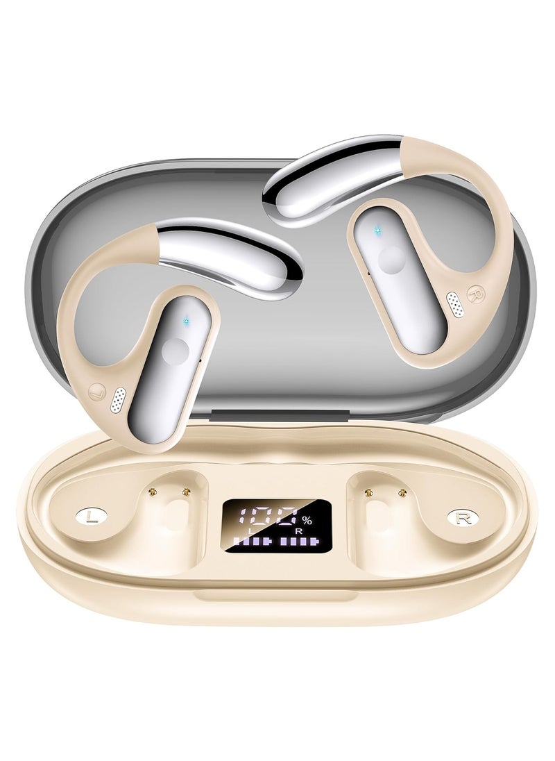 lekikpo - Open Ear Bluetooth 5.4 Earbuds, 2024 Wireless Headphones Sport Over Earphones Built-in Mic with Ear Hooks 50H Playtime Ear Buds LED Display Charging Case, Waterproof Design for Running Fitness, Khaki - Image 1