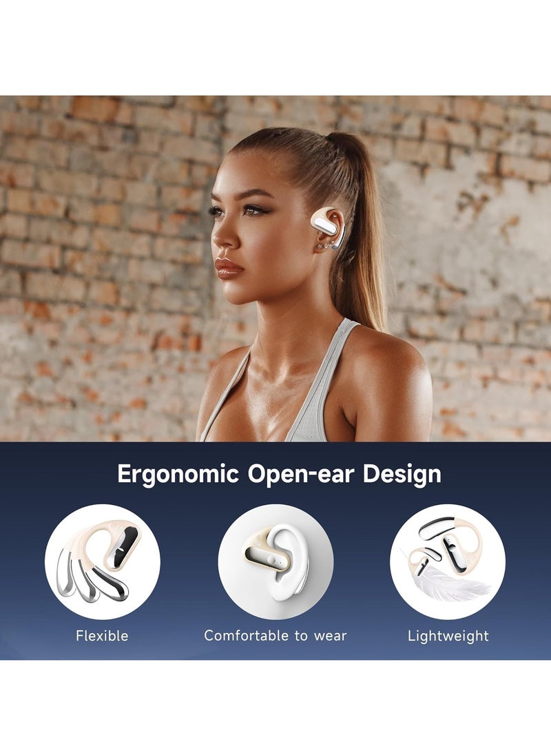 lekikpo - Open Ear Bluetooth 5.4 Earbuds, 2024 Wireless Headphones Sport Over Earphones Built-in Mic with Ear Hooks 50H Playtime Ear Buds LED Display Charging Case, Waterproof Design for Running Fitness, Khaki - Image 1