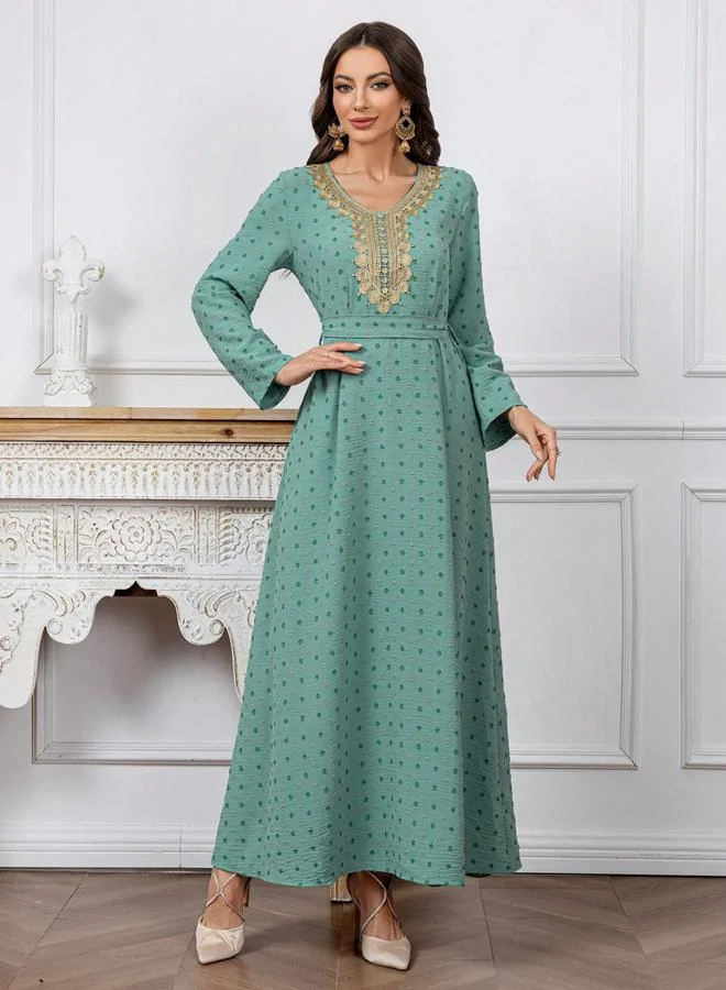 Take Two Texture Embroidery Neck Detail Belted Maxi Jalabiya