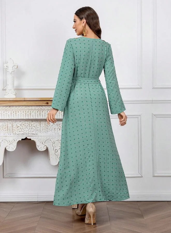 Take Two Texture Embroidery Neck Detail Belted Maxi Jalabiya