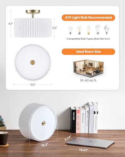 VONLUCE Semi Flush Mount Ceiling Light, 12.2" Ceiling Light Fixture with Pleated Shade, 2-Light Modern Drum Light Fixture for Bedroom Living Room Entryway Hallway, White Shade & Bronze Finish - Image 3