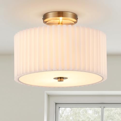 VONLUCE Semi Flush Mount Ceiling Light, 12.2" Ceiling Light Fixture with Pleated Shade, 2-Light Modern Drum Light Fixture for Bedroom Living Room Entryway Hallway, White Shade & Bronze Finish - Image 1