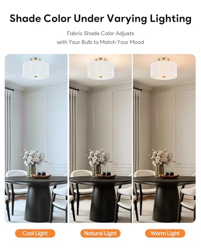 VONLUCE Semi Flush Mount Ceiling Light, 12.2" Ceiling Light Fixture with Pleated Shade, 2-Light Modern Drum Light Fixture for Bedroom Living Room Entryway Hallway, White Shade & Bronze Finish - Image 2
