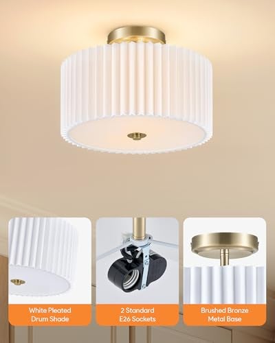 VONLUCE Semi Flush Mount Ceiling Light, 12.2" Ceiling Light Fixture with Pleated Shade, 2-Light Modern Drum Light Fixture for Bedroom Living Room Entryway Hallway, White Shade & Bronze Finish - Image 4