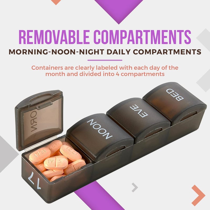MEDca Month Pill Box Organizer - 4 Times-a-Day Morning-Noon-Evening-Night - Large 32 Daily Pill Cases with Compartments for Vitamins, Supplements, Medication -Travel Monthly Pill Organizer, Black - Image 3