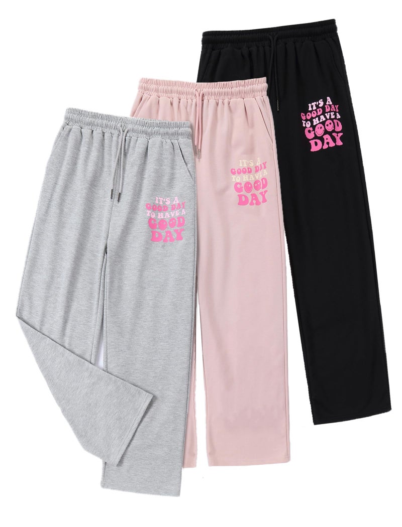 EXARUS Girls Sweatpants Wide Leg Sweat Pants 3 Pack Kids with Pockets Drawstring High Waisted Preppy Cute Youth Pants 12Y - Image 1