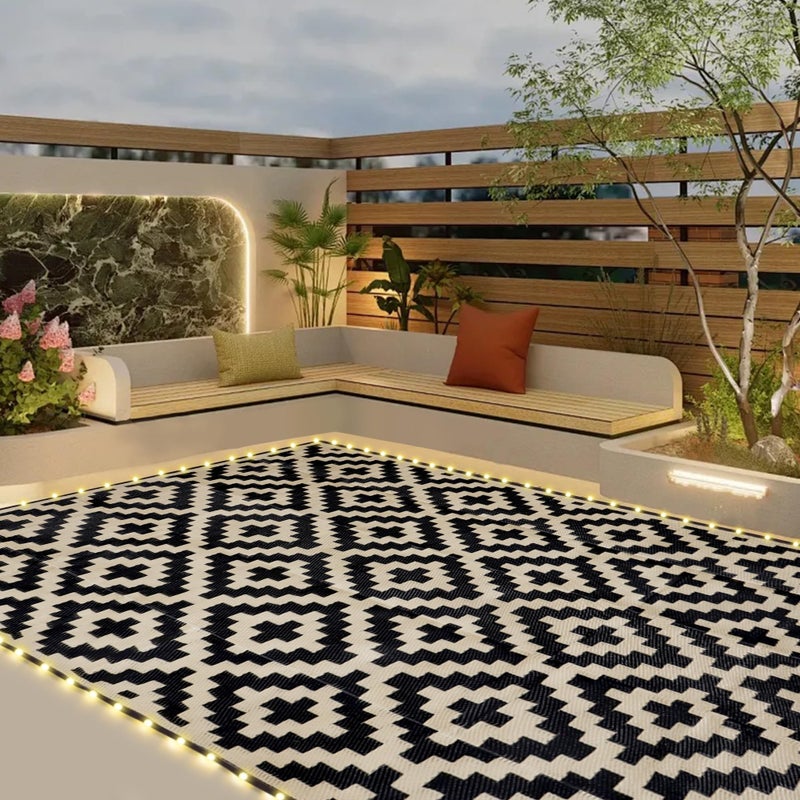 SAND MINE Reversible Mats with Led Strip Lights, Plastic Straw Rug, Modern Area Rug, Large Floor Mat for Outdoors, Patio, Backyard, Deck, Picnic, Camping, Black & Beige, 5' x 8' - Image 1