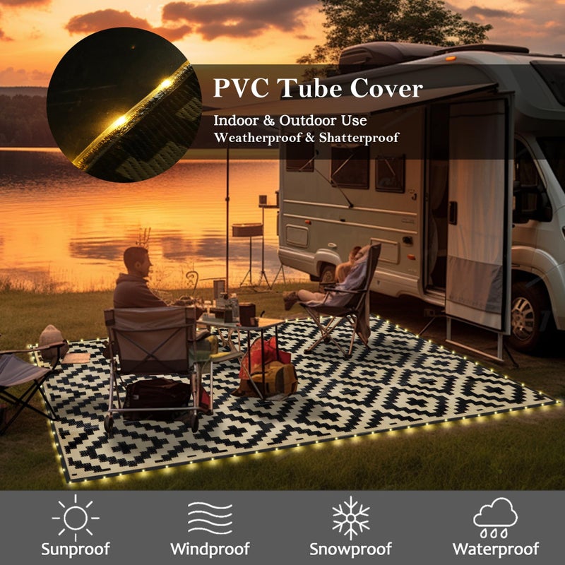 SAND MINE Reversible Mats with Led Strip Lights, Plastic Straw Rug, Modern Area Rug, Large Floor Mat for Outdoors, Patio, Backyard, Deck, Picnic, Camping, Black & Beige, 5' x 8' - Image 5