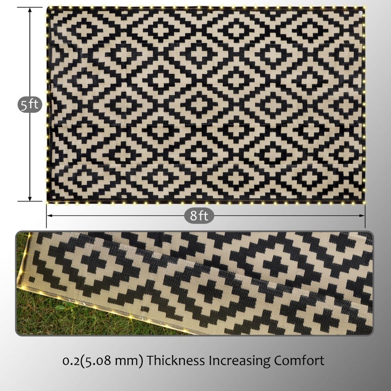 SAND MINE Reversible Mats with Led Strip Lights, Plastic Straw Rug, Modern Area Rug, Large Floor Mat for Outdoors, Patio, Backyard, Deck, Picnic, Camping, Black & Beige, 5' x 8' - Image 4