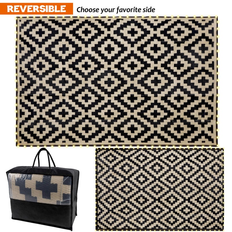 SAND MINE Reversible Mats with Led Strip Lights, Plastic Straw Rug, Modern Area Rug, Large Floor Mat for Outdoors, Patio, Backyard, Deck, Picnic, Camping, Black & Beige, 5' x 8' - Image 2