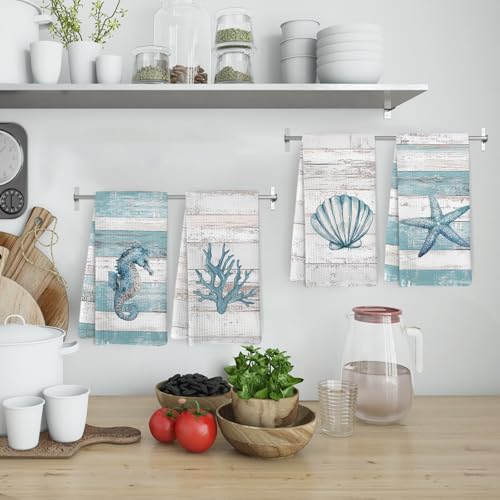 KFXHANGD Beach Coastal Kitchen Towels and Dishcloths Set of 4, Lake House Nautical Beachy Dish Towels, Starfish Seahorses Coral Seashell Decorative Hand Tea Towel for Bathroom Kitchen, 16x24 Inches - Image 2