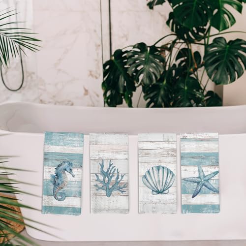 KFXHANGD Beach Coastal Kitchen Towels and Dishcloths Set of 4, Lake House Nautical Beachy Dish Towels, Starfish Seahorses Coral Seashell Decorative Hand Tea Towel for Bathroom Kitchen, 16x24 Inches - Image 5