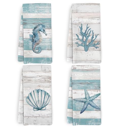 KFXHANGD Beach Coastal Kitchen Towels and Dishcloths Set of 4, Lake House Nautical Beachy Dish Towels, Starfish Seahorses Coral Seashell Decorative Hand Tea Towel for Bathroom Kitchen, 16x24 Inches - Image 1