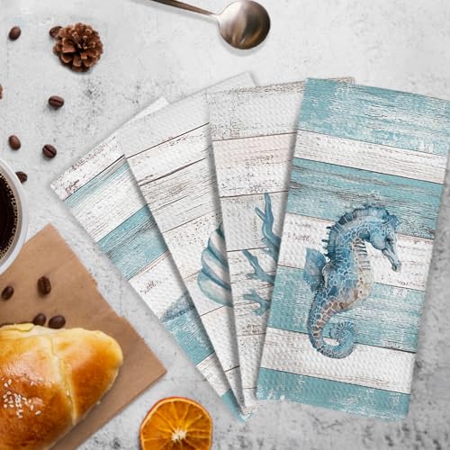 KFXHANGD Beach Coastal Kitchen Towels and Dishcloths Set of 4, Lake House Nautical Beachy Dish Towels, Starfish Seahorses Coral Seashell Decorative Hand Tea Towel for Bathroom Kitchen, 16x24 Inches - Image 3