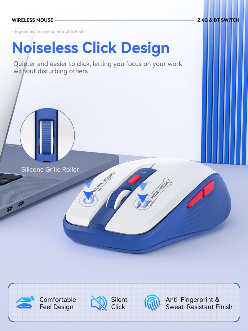 FMOUSE Wireless Mouse (Bluetooth & 2.4GHz USB) with Forward/Backward Side Keys, Silent Click, Ergonomic Portable AA Battery Mice for Laptop/Mac/iPad - Office & Travel Use, White & Blue - Image 5
