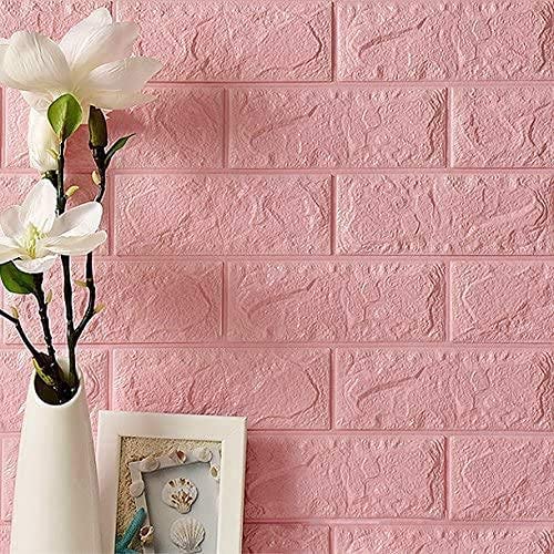 Barebeauty Wall Stickers Wallpaper PE Foam Brick Design DIY Decal (70 x 77 cm) 3D Frames PVC DIY Self Adhesive (White) (Pink, 1) - Image 1