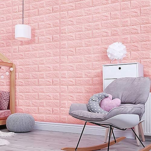 Barebeauty Wall Stickers Wallpaper PE Foam Brick Design DIY Decal (70 x 77 cm) 3D Frames PVC DIY Self Adhesive (White) (Pink, 1) - Image 2