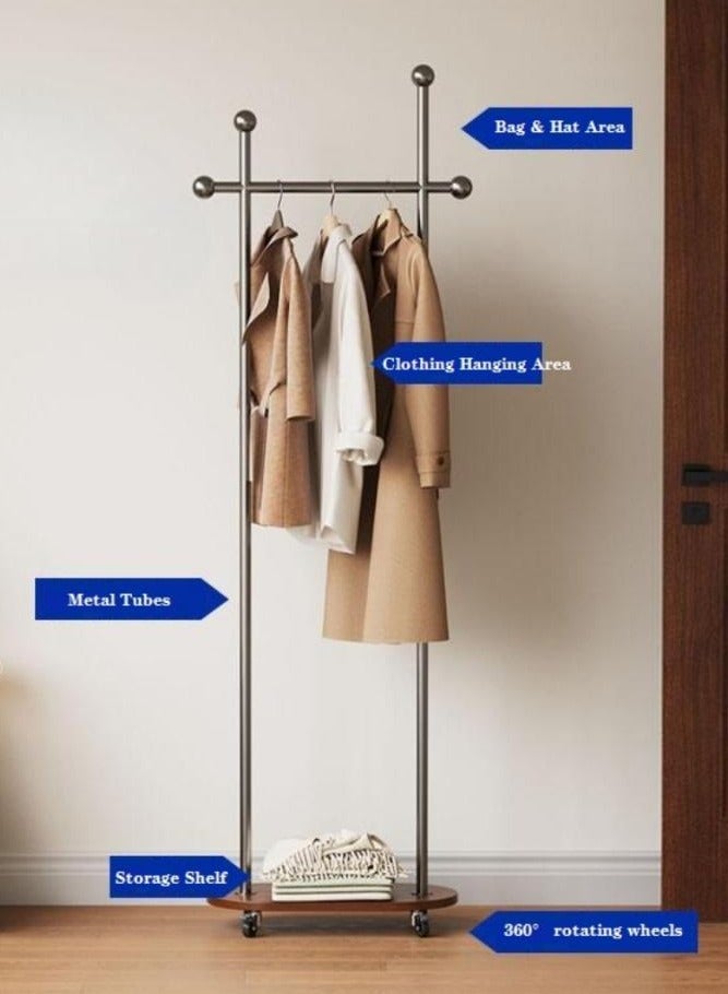 AIWANTO Minimalist Metal Coat Rack with Wooden Base & Wheels – 4 Ball Hooks Rolling Garment Stand for Home, Office & Entryway - Image 4