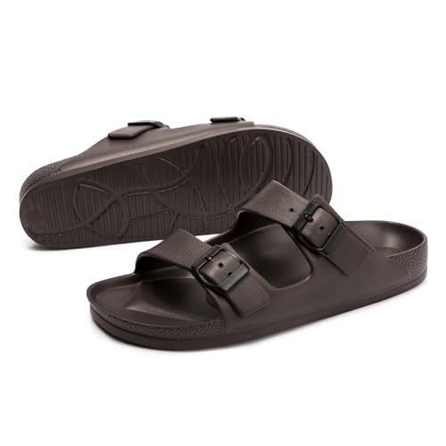 FUNKYMONKEY Women's Comfort Slides Double Buckle Adjustable EVA Flat Sandals (6 M US/Women, Dark Brown) - Image 4