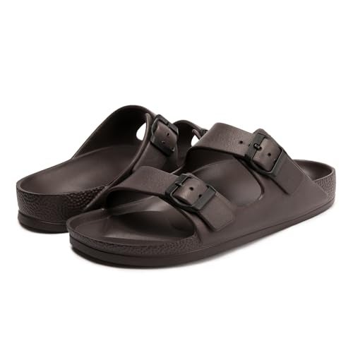 FUNKYMONKEY Women's Comfort Slides Double Buckle Adjustable EVA Flat Sandals (6 M US/Women, Dark Brown) - Image 5
