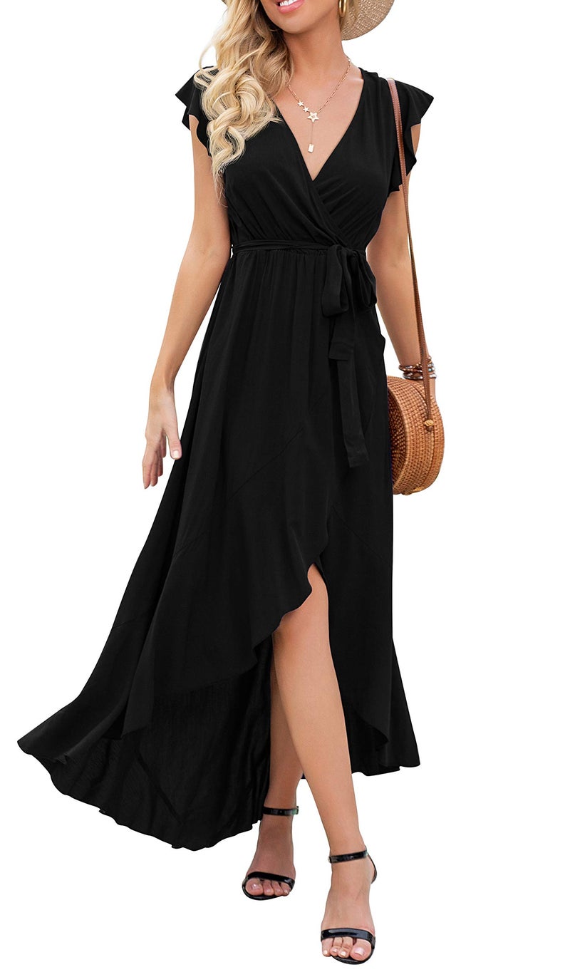 GRECERELLE Womens Summer Casual Cross V Neck Dress Bohemian Flowy Long Maxi Dress BlackXLarge