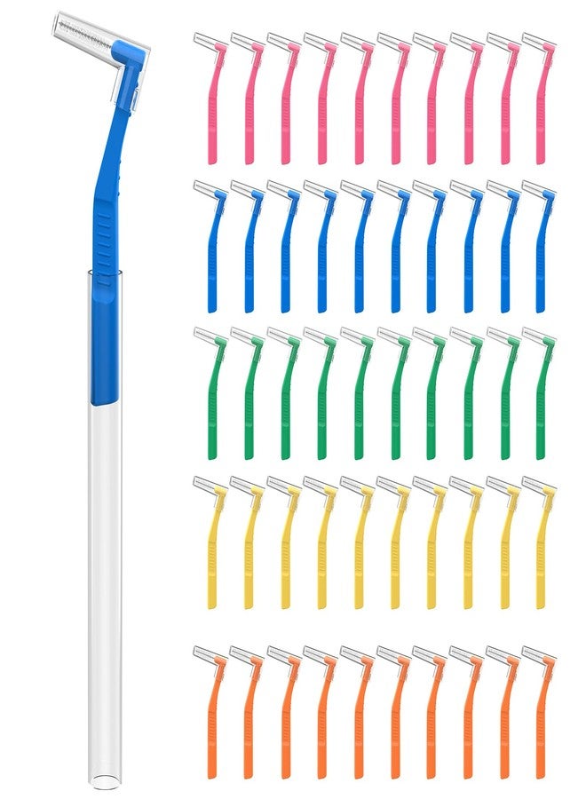 100 Count Angle Interdental Brushes with Extended Handle for Braces, 5 Sizes, Extra Tight(0.6mm), Tight(0.7mm), Medium(0.8mm), Wide(1.0mm,1.2mm), L- Shaped Interproximal Floss for Dental Health
