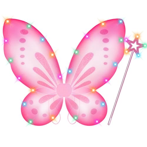 DUDUCOFU Girls Fairy Butterfly Wings with LED Light Fairy Wings Light Up Star Wands for Girls Kids Women Halloween Dress Up Pink - Image 1